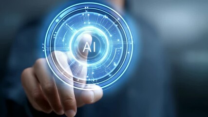 Futuristic digital interface with artificial intelligence symbol being activated by a human finger in a virtual environment. Innovative AI technology concept for modern business solutions - Powered by Adobe
