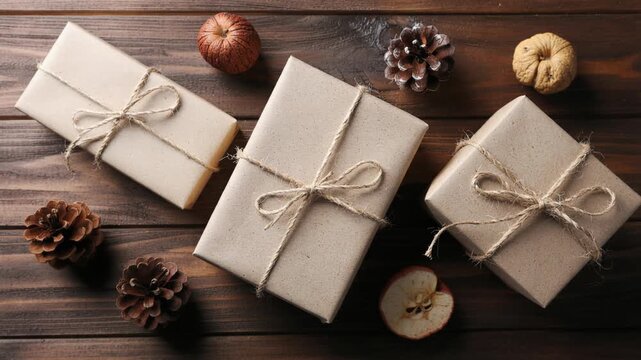 Three rustic gift boxes wrapped in brown paper with twine, surrounded by pinecones and dried apple on a wooden table.
