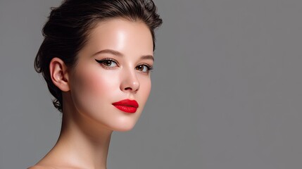 Fototapeta premium Beautiful woman with elegant makeup and striking red lips showcasing a confident and sophisticated look against a neutral background