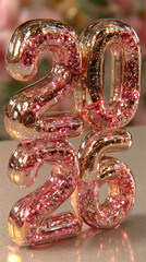 Shimmering rose gold glass numbers forming the year twenty twenty six glowing softly to create a glamorous festive mood ideal for new year visual design
