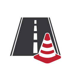 Isolated pictogram of a road with red traffic cone, symbolizing road closure, street block, detour direction, construction warning, and transportation safety signage
