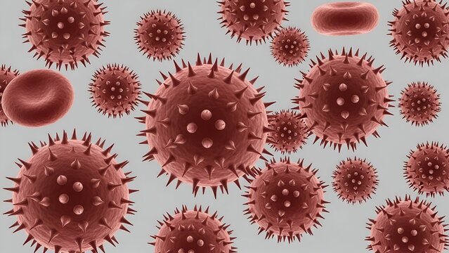 Red Virus Cells Floating on Grey Background Microscopic View - Powered by Adobe