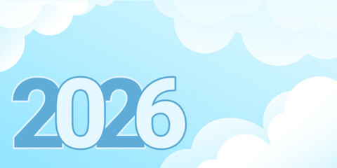Bright sky-themed design with soft clouds and bold “2026” typography, creating a fresh, uplifting visual atmosphere. New Year 2026 Concept design.