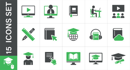 Online education and e-learning concept with icon. digital learning solid icon set. Include university, 
graduation, certificate, book, computer, seminar, webinar, e-learning and more