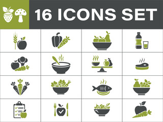 Healthy food icons set for diet and nutrition planning. collection of healthy food icons. 
Include carrot, soup, fish, meat, salad, fruits, vegetables, meal and more