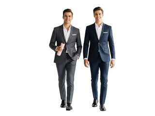 Two cheerful businessmen in suits walking forward smiling confidently