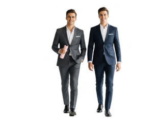 Two cheerful businessmen in suits walking forward smiling confidently