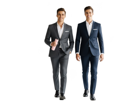 Two cheerful businessmen in suits walking forward smiling confidently - Powered by Adobe