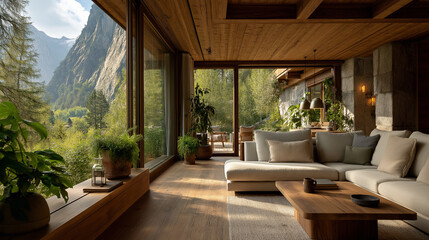 Serene Interior with Mountain Vista: A cozy living space, bathed in natural light, seamlessly merges with the majestic mountain panorama outside. Featuring rustic wood elements, comfortable seating.
