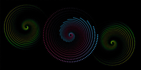 Colorful Neon Spiral Dot Pattern on Black Background