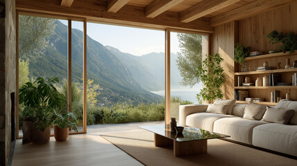 Naklejka premium Serene Interior: A cozy living space, bathed in natural light, opens to stunning mountain vistas, creating a seamless blend of indoor comfort and outdoor majesty.
