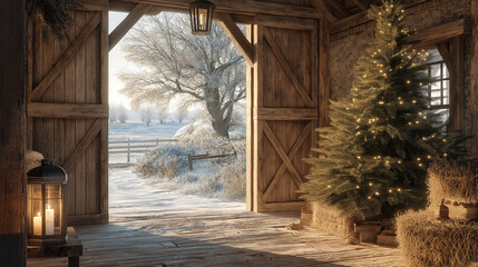 Obraz premium Holiday Barn Interior: Festive Christmas tree with twinkling lights inside a rustic barn, inviting warmth and holiday cheer, blending rustic charm with festive lights, embracing holiday spirit.