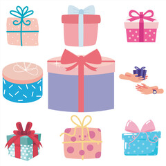 Vector set of 9 colorful gift boxes with ribbons and bows, isolated on white background for holiday and birthday celebration