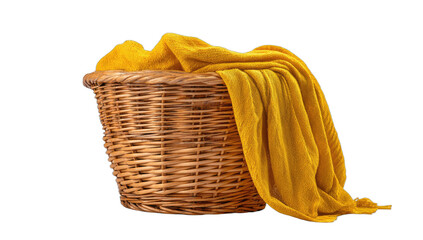Woven basket overflowing with a bright yellow textile