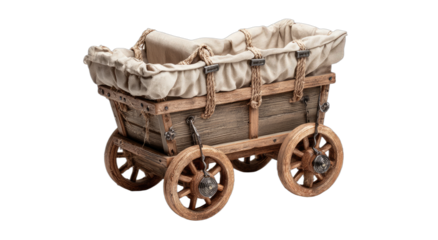 Rustic wooden wagon with fabric liner and rope accents, on wheels