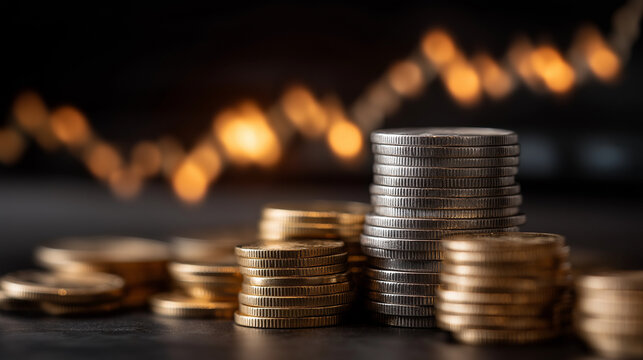 Coin Stacks Amidst Economic Tides: Golden and silver coins are meticulously arranged in stacks, subtly reflecting the dynamic nature of finance against a backdrop of blurred economic indicators.