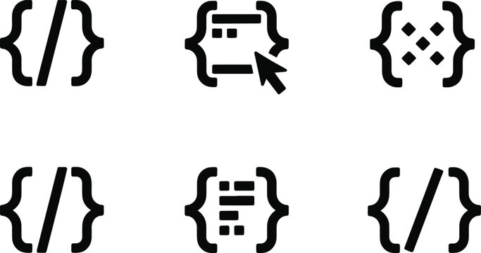 Programming code icon set. Web development curly braces symbol. Line vector collection for software engineering design.