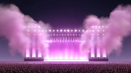 Vibrant concert stage with colorful lights and smoke effects, empty audience area anticipating an exciting live music performance night experience