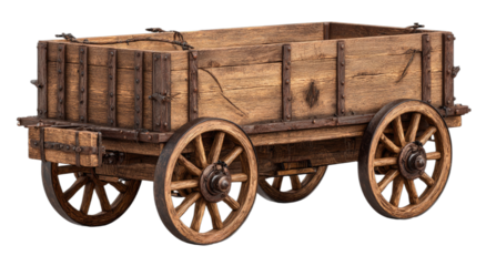 An old wooden wagon with large spoked wheels and metal accents