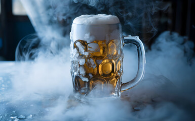 Frosty beer mug with white foam and cold dry ice smoke, refreshing golden lager with frozen condensation, blue cinematic vapor atmosphere, for bar menu, brewery, oktoberfest, pub background.