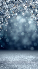 A blue silver festive floral arrangement with shimmering winter textures soft bokeh highlights and elegant decorative accents creating a refined seasonal holiday background