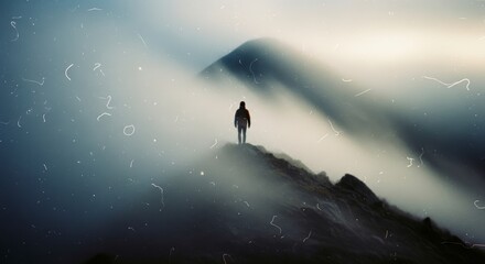 Lone Figure on Mountain Ridge in Misty Landscape with Ethereal Light and Subtle Stars.