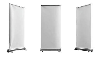 Three blank white display banners in a row, presented on a black background