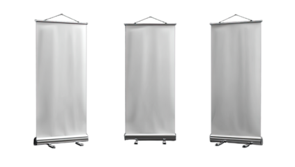 Three blank banner stands displayed from different angles on black background
