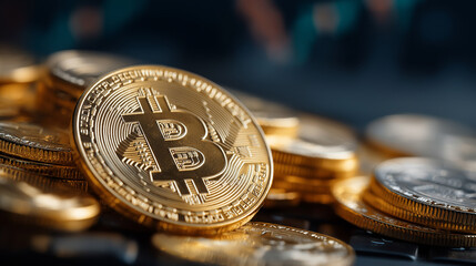Bitcoin's Digital Gold: A close-up shot of a radiant Bitcoin, symbolizing the future of digital currency and financial innovation, resting amid a cluster of other coins.  