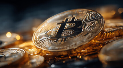 Bitcoin Gold Treasure: A macro view of a Bitcoin, gleaming amongst a golden cascade, representing the essence of digital currency and financial innovation.