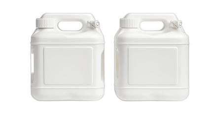 Two identical white plastic containers with handles and blank labels