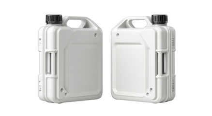 Two identical white plastic containers with black caps and handles, isolated