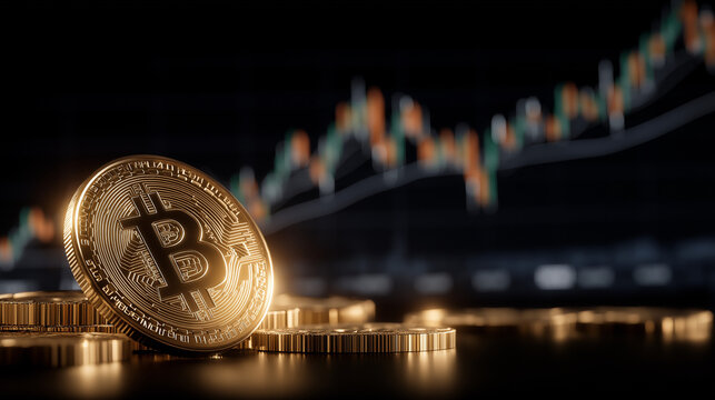 Golden Bitcoin and Chart: A solitary golden Bitcoin coin sits atop a small stack, its shiny surface reflecting the intricate lines of a financial chart in the background.