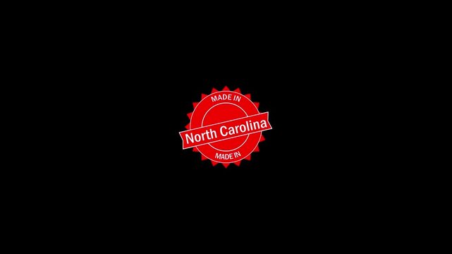 Made in North Carolina Round Stamp Badge Animation.Animated Red stamp with made in North Carolina. Suitable for labeling products, indicating origin or adding cultural touch to designs.