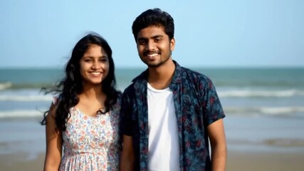 Young couple is walking on the beach and smiling.