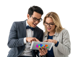 Two diverse colleagues analyzing business data on digital tablet