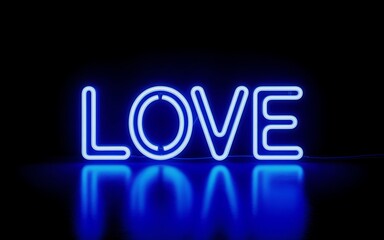 Glowing blue neon love sign on a shiny black surface