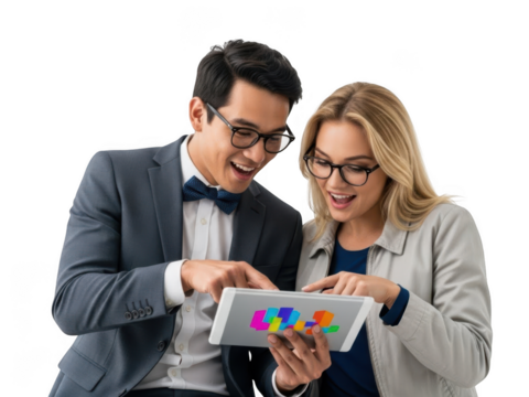 Two diverse colleagues analyzing business data on digital tablet - Powered by Adobe