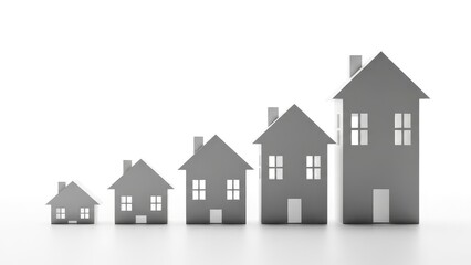Visualizing the real estate market's upward trend with a series of progressively larger house icons on a white background, symbolizing growth and investment