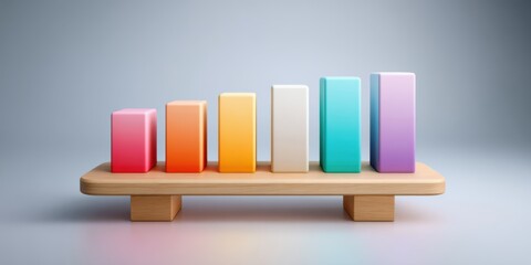 Financial Literacy Initiative Concept. A colorful bar graph on a wooden base, showcasing varying heights of rectangular blocks against a gradient background.