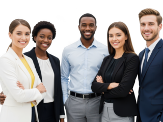 Happy diverse business team smiling with confidence and unity.