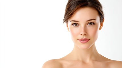 Naklejka premium Close-Up Portrait of a Young Woman with Natural Makeup and Smooth Skin, Highlighting Healthy Beauty and Skincare Essentials for Stock Photo Collection