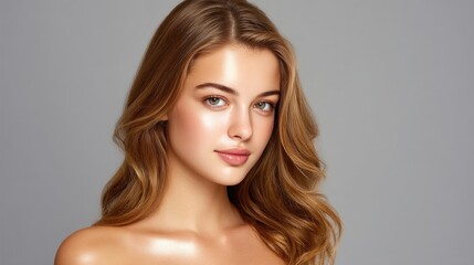 Naklejka premium A Portrait of a Graceful Young Woman with Luminous Skin and Flowing Hair Against a Soft Gray Background for Beauty and Skincare Themes