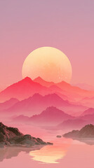 A dreamy pastel pink landscape with misty layered mountains and a glowing oversized sun creating a calm serene atmospheric fantasy scene ideal for soothing new year visuals