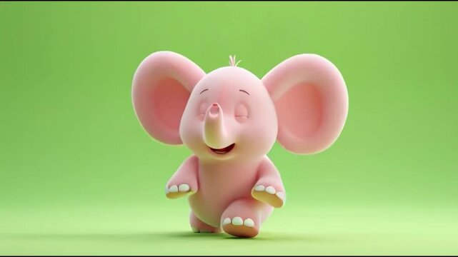 Adorable pink baby elephant character happily skipping across bright green studio background loop