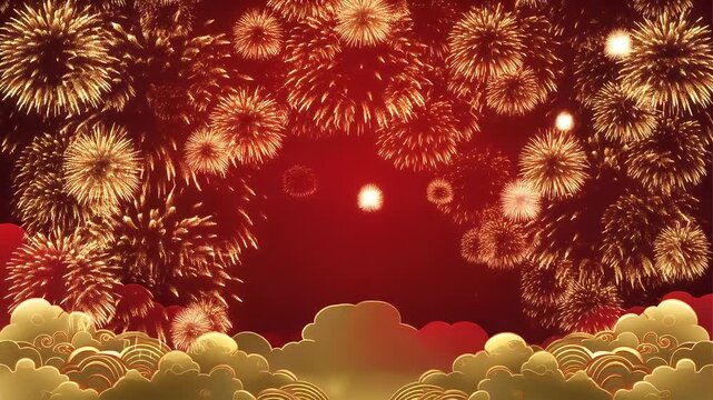 Vibrant golden fireworks burst across a rich red sky with auspicious clouds, symbolizing joyous celebrations and festive prosperity
