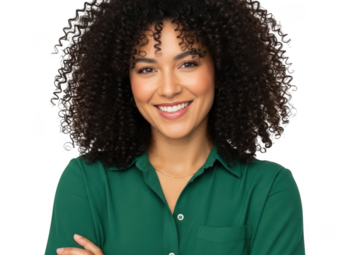 Smiling confident young woman with curly hair looking at camera - Powered by Adobe