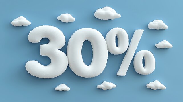 Fluffy White 30 Percent Discount Sign with Clouds on Blue Background.