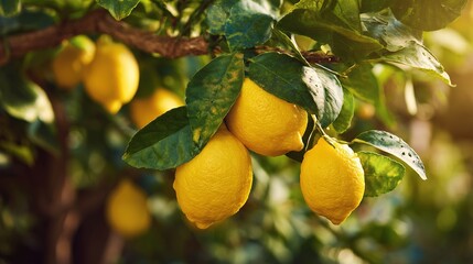 Ripe yellow lemons hanging on a vibrant green lemon tree