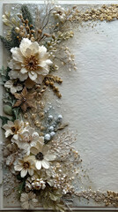 A luxurious winter floral frame with white blossoms gold accents and frosted botanical textures forming an elegant warm festive border for seasonal holiday design